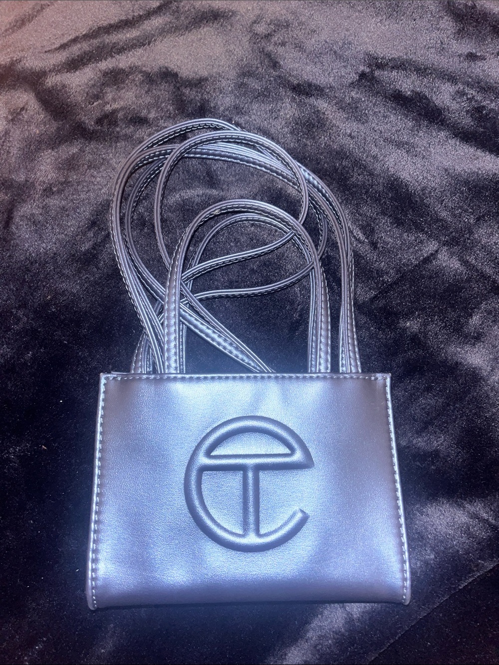 Telfar Metallic Cobalt Mini Shoulder Bag with Embossed Logo (Dust Bag Included)
